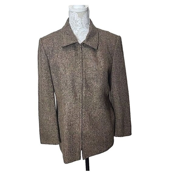 Talbots Wool & Silk Jacket Coat Brown Tweed Full Zip Herringbone Lined Women's 8 - Picture 1 of 12
